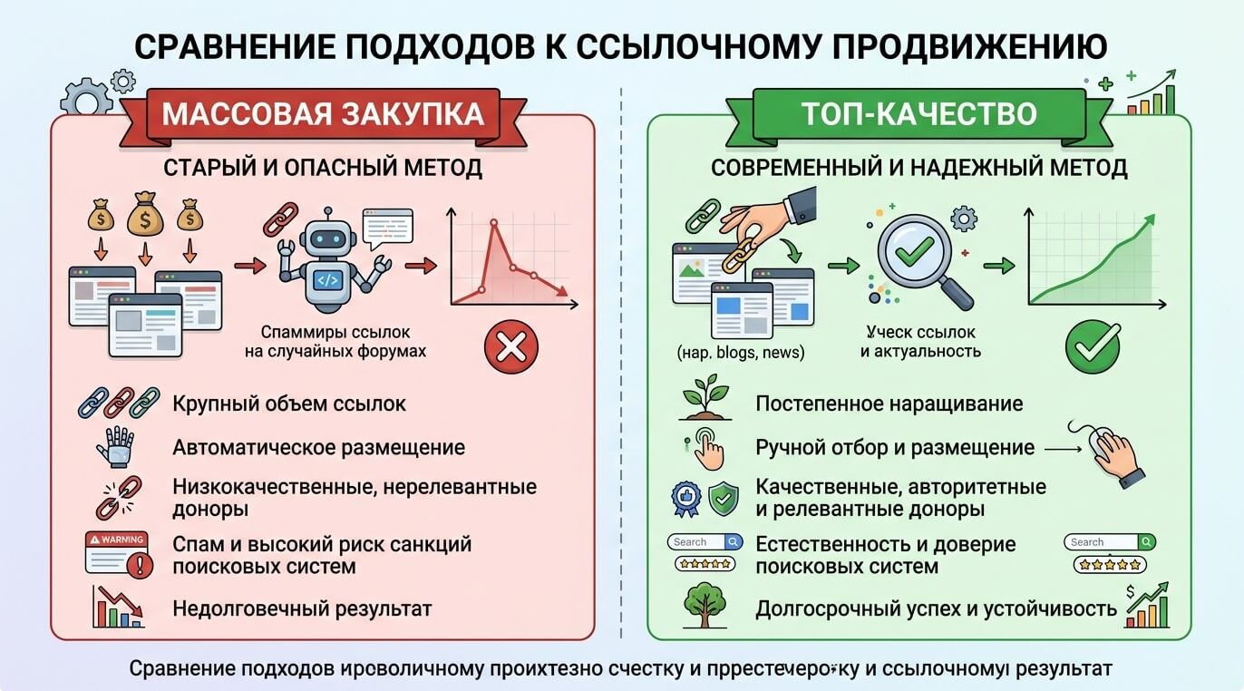Сравнение подходов: сотни ссылок со слабых площадок против 5–10 трастовых доноров в собственной сетке