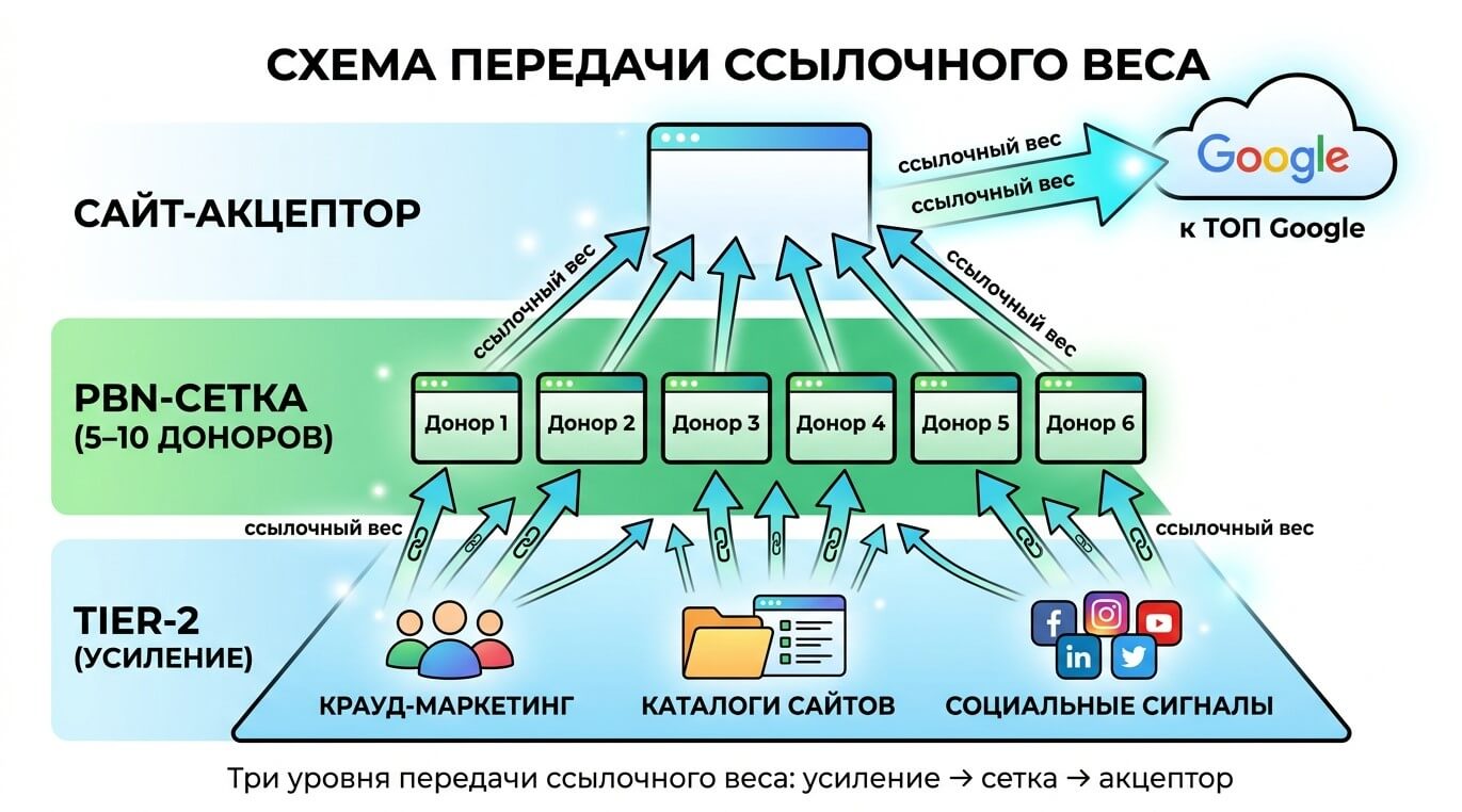 Схема методики топовысок: передача ссылочного веса от tier-2 через PBN-сетку из 5–10 доноров к сайту-акцептору